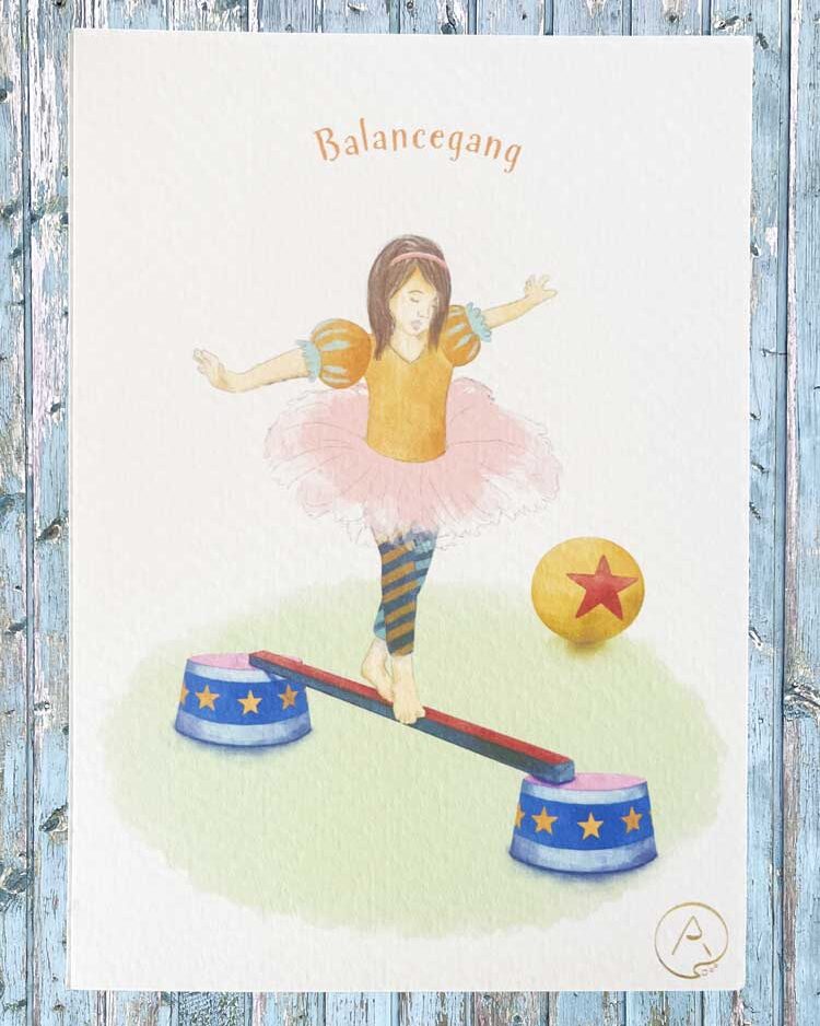 Gå på line post kort, balance bom og bold, gul tekst.Post kort A6, struktureret natur papir, akvarel