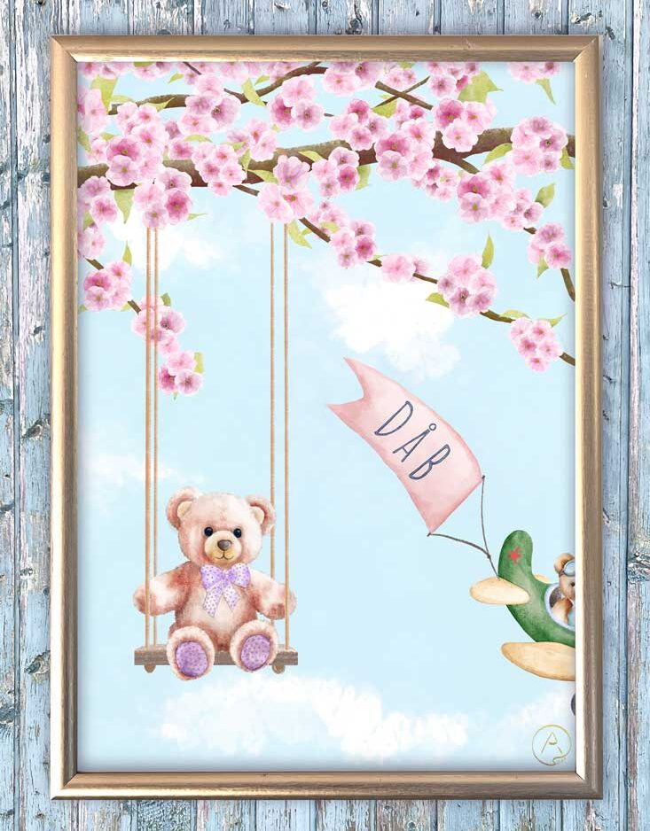 Dåbs plakat med en bamse på en gynge, med plads til at man kan skrive navn og dato på