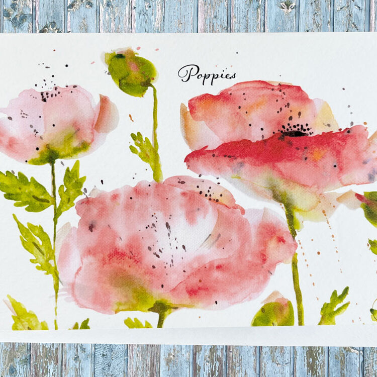 Akvarel malede valmuer i blomstrende flor, sprunget ud, med splatter, levende røde farver Printet på tekstureret på med 10 farver A6 foldekort, dobbeltkort, med konvolut, send en hilsen til fødselsdag, fest
