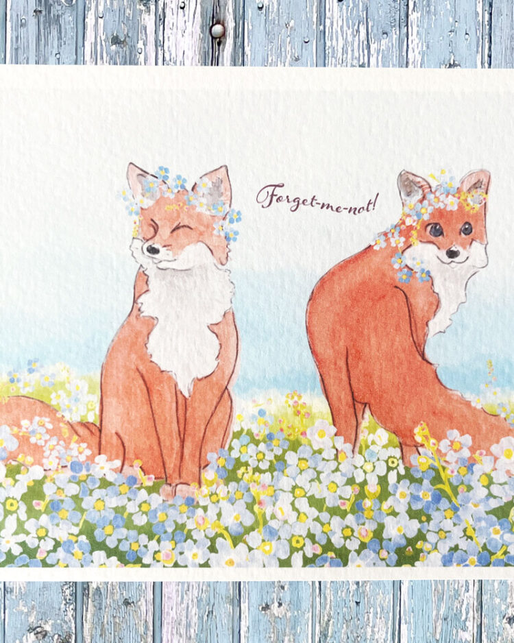 to ræve står på en eng omgivet af forglem-mig-ej blomster. med teksten forget-me-not!