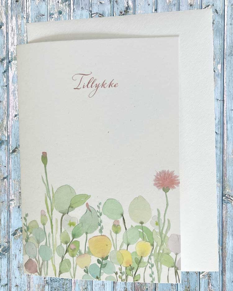 Minder om dansk sommer når sommerens vilde korn blomster, svejer i vinden en lun sommer dag. Rosa farved korn blomster og andre vilde sommer blomster, printet på genbrugs papir, Sig-tillykke-med-blomster