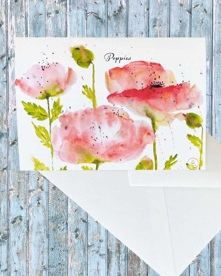 Akvarel malede valmuer i blomstrende flor, sprunget ud, med splatter, levende røde farver Printet på tekstureret på med 10 farver A6 foldekort, dobbeltkort, med konvolut, send en hilsen til fødselsdag, fest Valmue-foldekort-