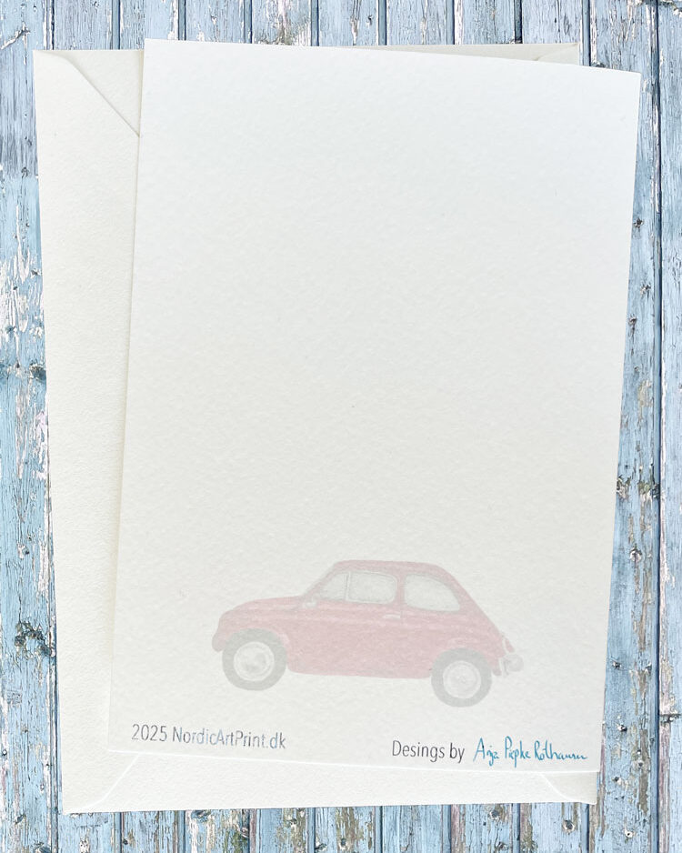 gamle biler, fiat 700, råd, blå.Kort med biler, gammel fiat 700, print på for og bagside, printet på akvarelpapir. A6 dobbelt kort med konvolut