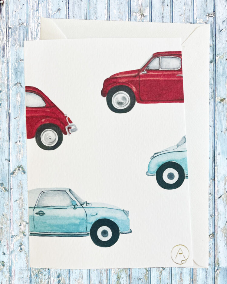gamle biler, fiat 700, råd, blå.Kort med biler, gammel fiat 700, print på for og bagside, printet på akvarelpapir. A6 dobbelt kort med konvolut