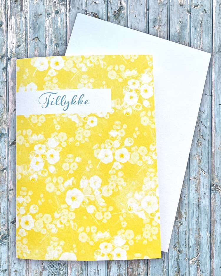 Retro gult postkort i et mønste. sig tillykke! med hvide A6 postkort, anlednings kort foldekort, bobbeltkort